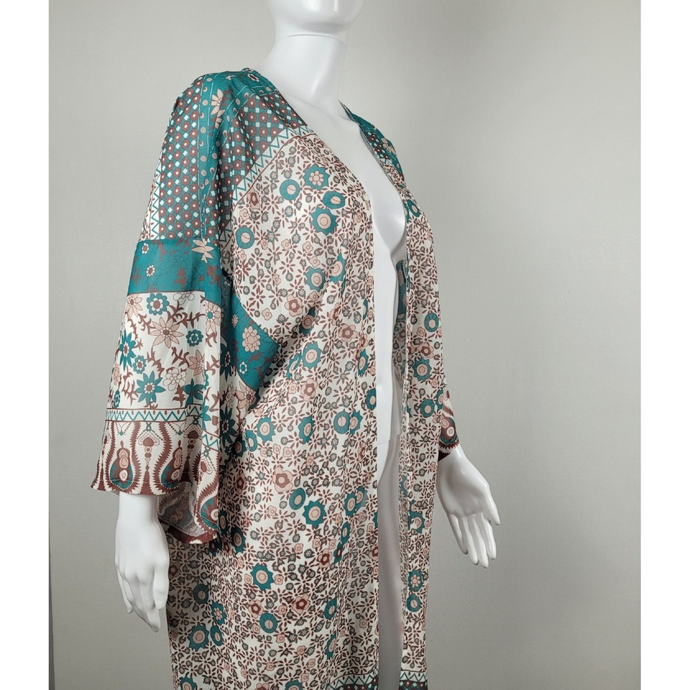 Kimono Cardigan Women One Size Teal Floral Paisley Longline Excellent - Picture 2 of 9